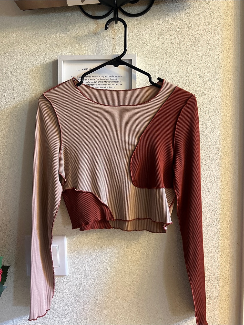 Rust & Beige Ribbed Patchwork Long-Sleeve Crop Top